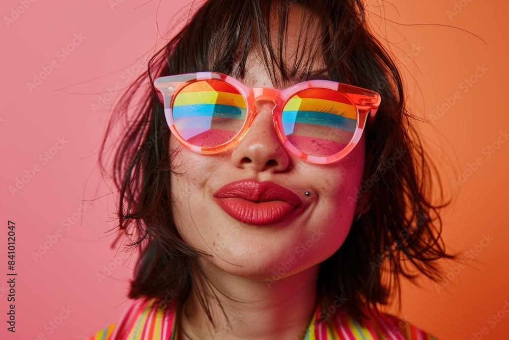 Portrait of a young Asian woman celebrating Pride with rainbow sunglasses Portrait of a young Asian woman celebrating Pride with rainbow sunglasses