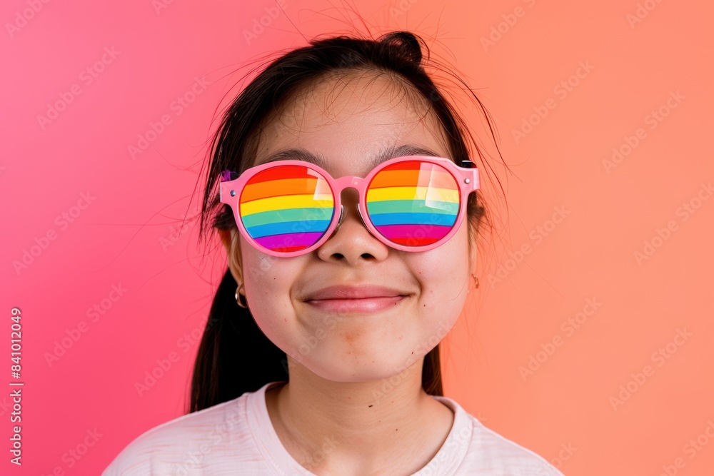 Portrait of a young Asian woman celebrating Pride with rainbow sunglasses Portrait of a young Asian woman celebrating Pride with rainbow sunglasses