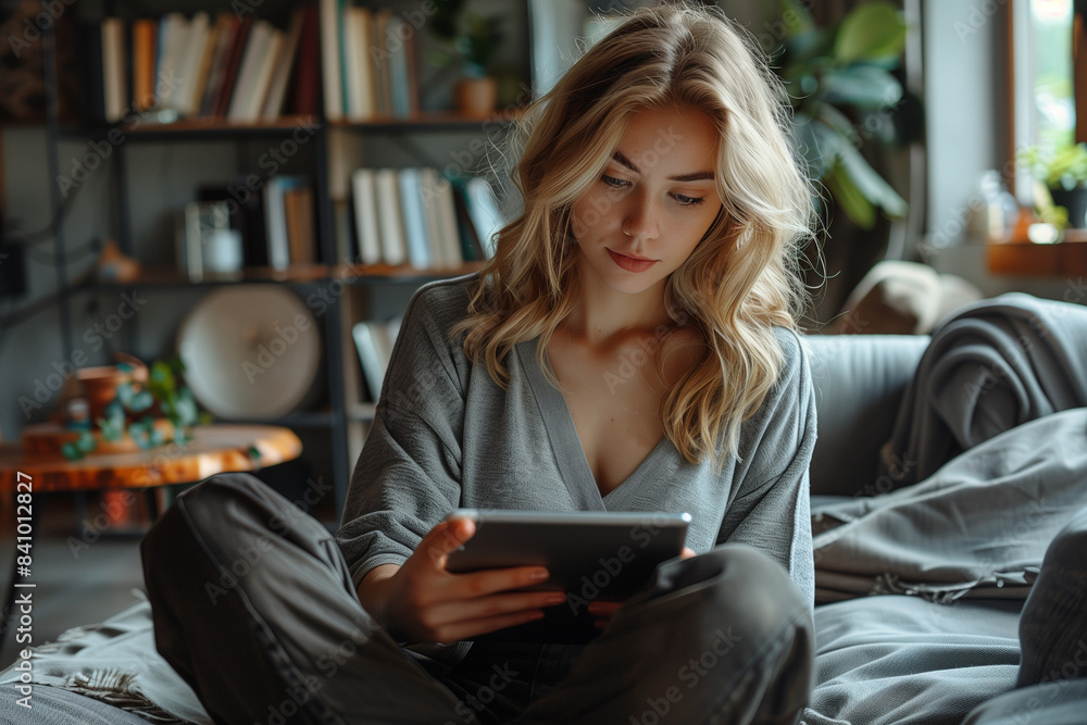 Young Woman Deep in Reading on Tablet in Cozy Home Library Young Woman Deep in Reading on Tablet in Cozy Home Library