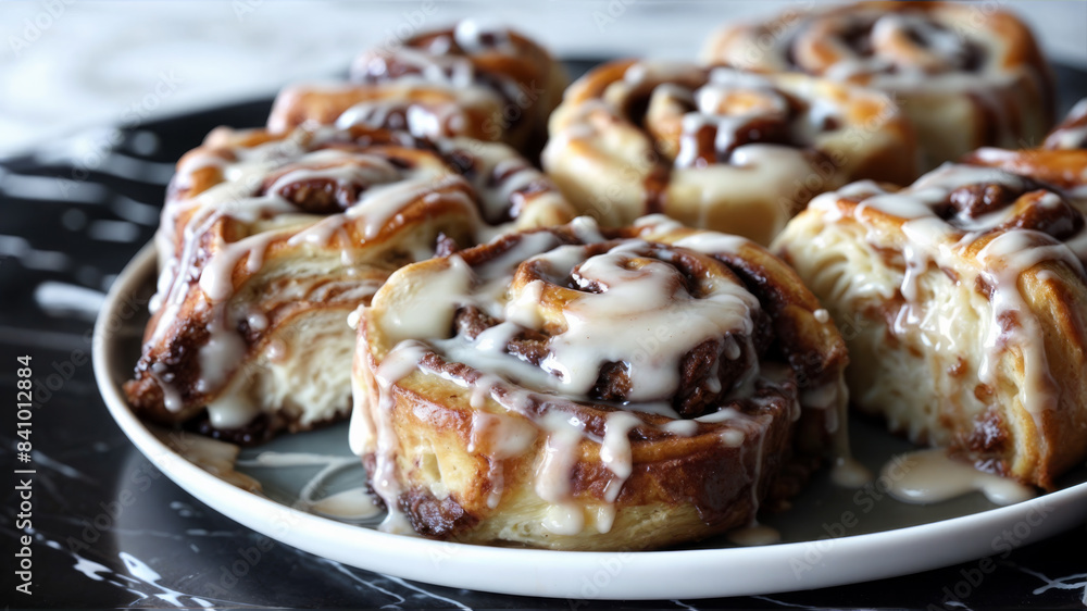 Closeup of a plate of homemade cinnamon buns drizzled with frosting and sitting on a dark granite kitchen countertop. Closeup of a plate of homemade cinnamon buns drizzled with frosting and sitting on a dark granite kitchen countertop.