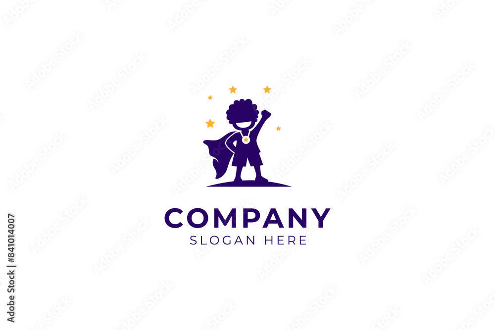 silhouette of child becoming a hero wearing a star medal, child with achievement, smart child, great child, flat vector logo design silhouette of child becoming a hero wearing a star medal, child with achievement, smart child, great child, flat vector logo design