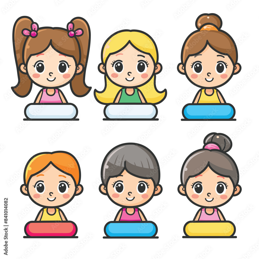 Six cute cartoon girls smiling, different hairstyles outfits, colorful illustration. Diverse children characters, happy emotions, avatar collection, primary bright colors. Kids illustrations, female Six cute cartoon girls smiling, different hairstyles outfits, colorful illustration. Diverse children characters, happy emotions, avatar collection, primary bright colors. Kids illustrations, female