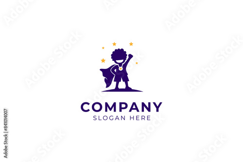silhouette of child becoming a hero wearing a star medal, child with achievement, smart child, great child, flat vector logo design