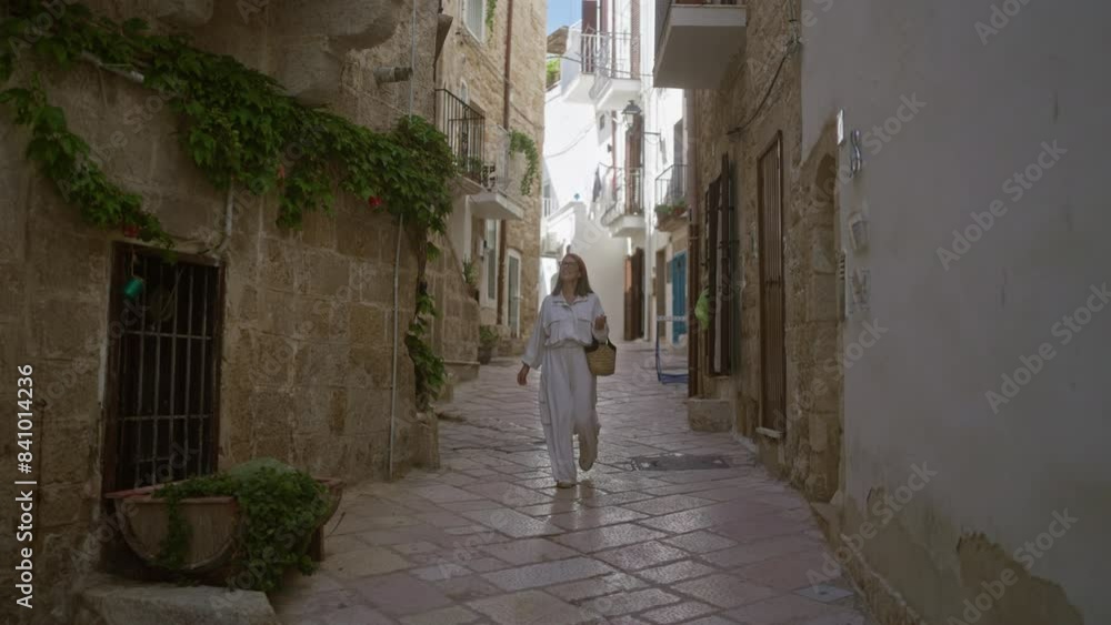 A young hispanic woman explores the charming streets of polignano a mare in puglia, italy, surrounded by historic stone buildings and vibrant greenery. A young hispanic woman explores the charming streets of polignano a mare in puglia, italy, surrounded by historic stone buildings and vibrant greenery.