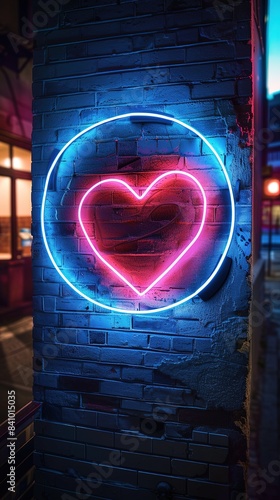 colorful neon heart sign glowing in blue and orange light against a grungy urban background, vibrant illuminated romantic advertisements, urban art projects, and nightlife venues