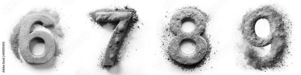 Numbers 6, 7, 8, 9. Alphabet Made of Gray Powder: Letters on a White Floor. Numbers 6, 7, 8, 9. Alphabet Made of Gray Powder: Letters on a White Floor.