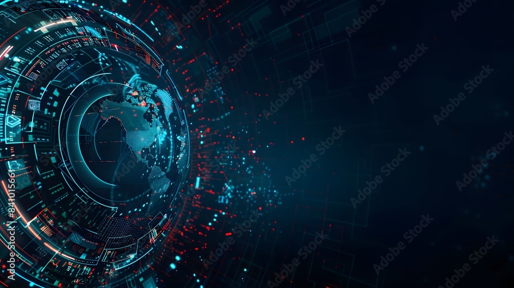 Fototapeta premium Abstract graphic world map illustration on blue background, big data and networking concept. 3D Rendering