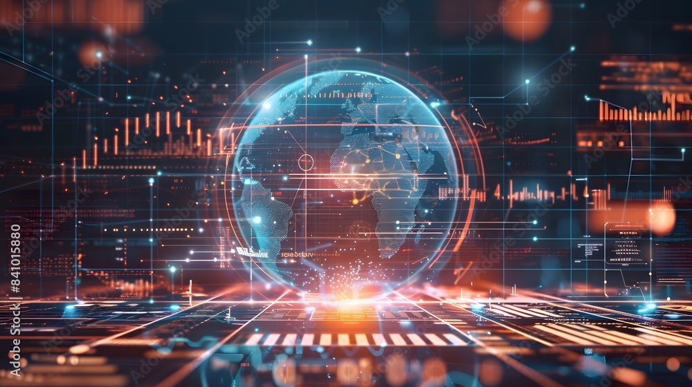 Fototapeta premium Abstract graphic world map illustration on blue background, big data and networking concept. 3D Rendering