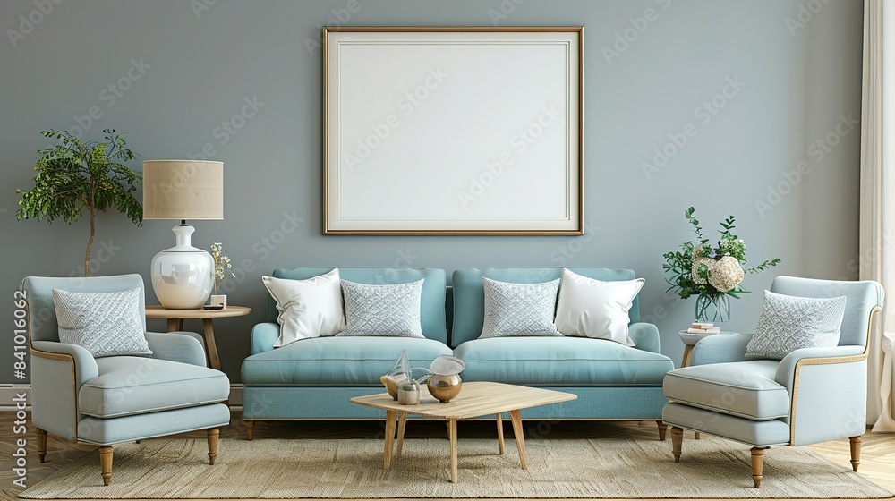 Fototapeta premium Living Room Featuring a Beige Wall, an Inviting Armchair and Sofa, and a Rustic Frame Adding a Touch of Farmhouse Charm