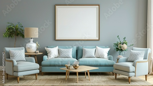 Living Room Featuring a Beige Wall  an Inviting Armchair and Sofa  and a Rustic Frame Adding a Touch of Farmhouse Charm