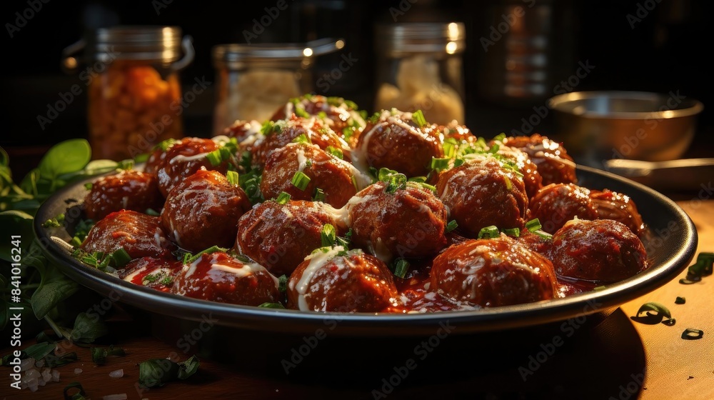 meatballs with melted tomato sauce on a bowl with a black and blur background meatballs with melted tomato sauce on a bowl with a black and blur background