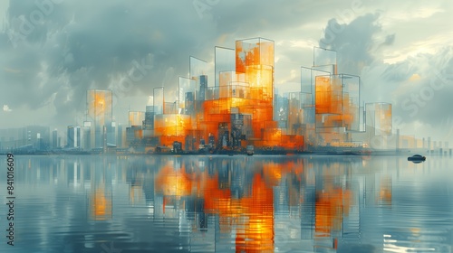 Digital Painting of a City With Tall Buildings