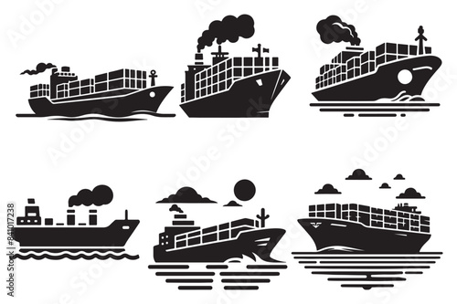 Illustrative Set of Vector Graphics Featuring Various Types of Carrier Ships in Different Styles and Perspectives