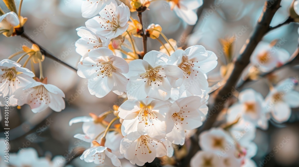 Blooming cherry tree in spring with white flowers on branches Blooming cherry tree in spring with white flowers on branches