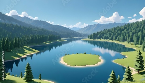 A panoramic shot of a serene lake nestled in a valley surrounded by rolling hills and dense forests, with a clear blue sky overhead.