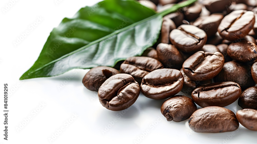 Obraz premium Fresh brown roasted coffee beans and leaves copy space isolated on white background