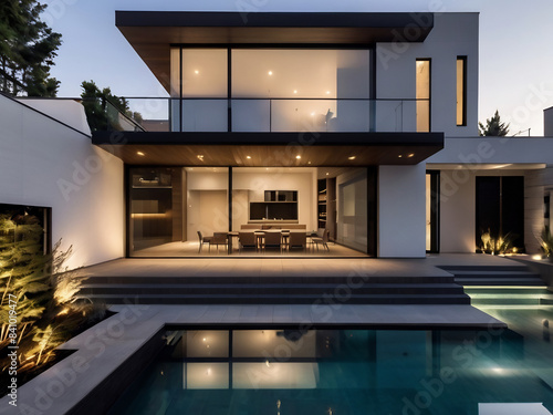 Minimalist modern house with outdoor living space and swimming pool. Contemporary urban living concept.