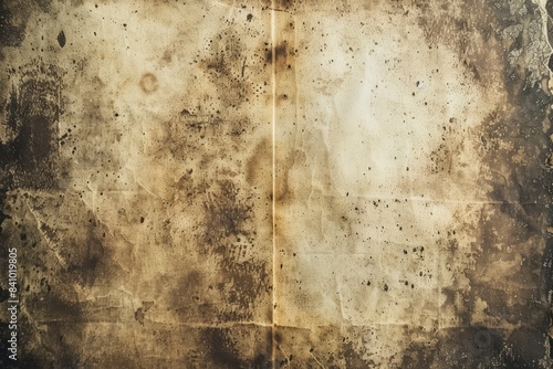 Blank aged paper sheet as old dirty frame background with dust and stains. Front view. Vintage and antique art concept. Detailed closeup studio shot. Toned - generative ai photo
