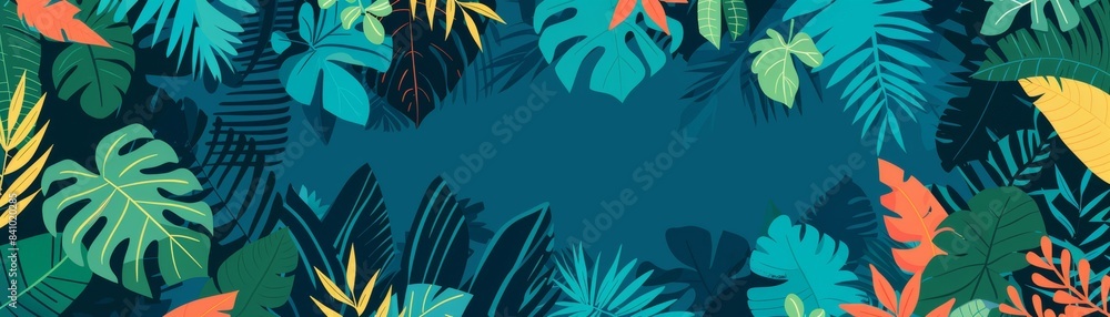 Colorful tropical leaves frame with vibrant foliage design, perfect for summer themes, nature backgrounds, and exotic presentations. Colorful tropical leaves frame with vibrant foliage design, perfect for summer themes, nature backgrounds, and exotic presentations.