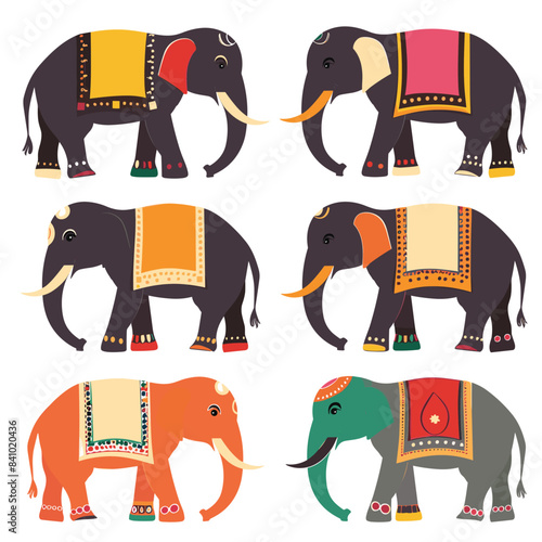 Colorful decorated elephants, flat design style, isolated white background. Six elephants, ornate blankets, festival decoration, animal illustration. Decorative traditional patterns, cultural