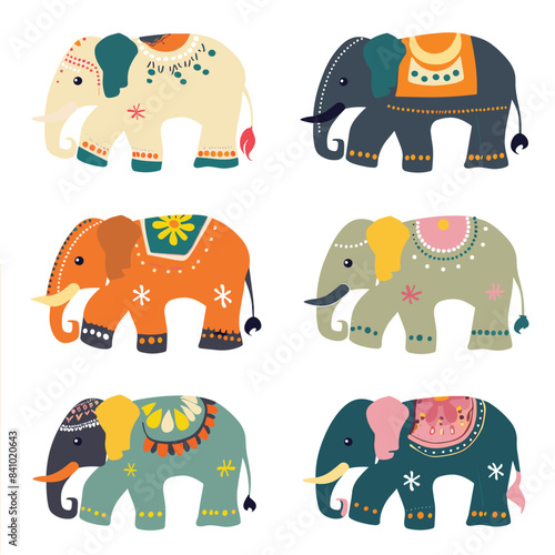 Decorated elephants, colorful, artistic patterns, isolated white background. Six stylized elephants, ornate, cultural designs, flat graphic style. Cheerful decorative, traditional motifs, vibrant