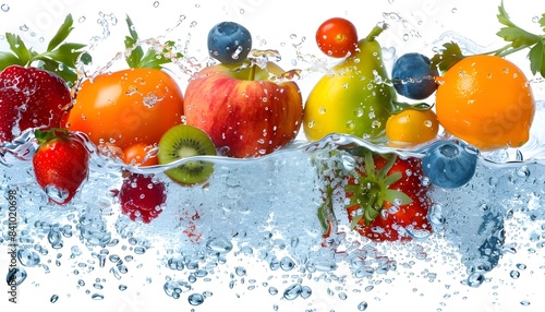 Fresh multi fruits and vegetables splashing into blue clear water splash healthy food diet freshness concept isolated on white