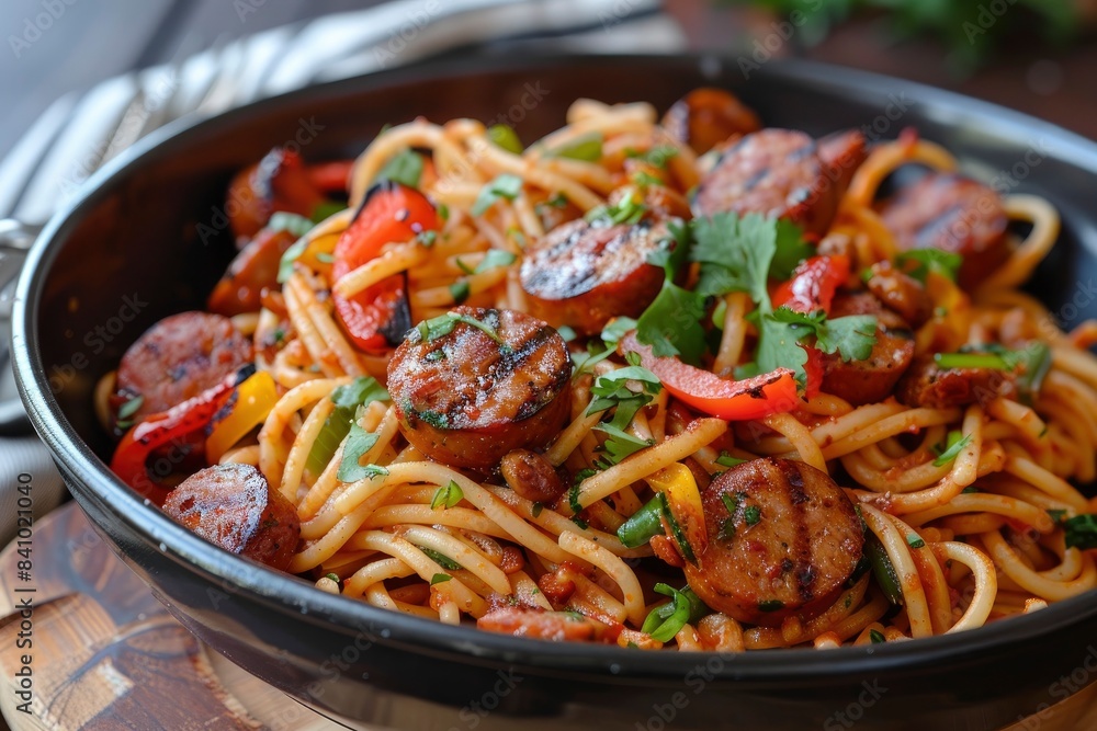 Spicy spaghetti stir fry with sausage - generative ai Spicy spaghetti stir fry with sausage - generative ai