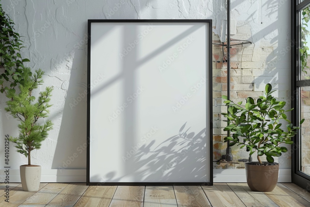 Poster frame mockup on wooden floor created with Generative AI Poster frame mockup on wooden floor created with Generative AI