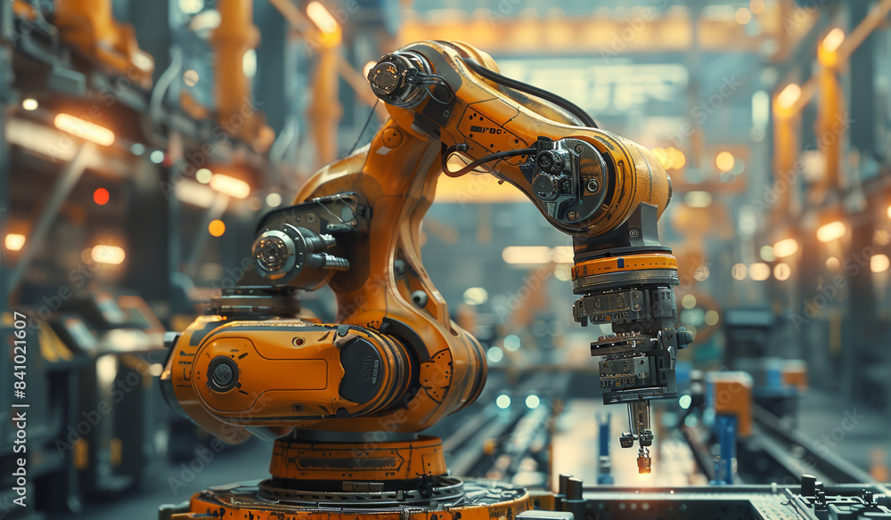 a close up of a robot in a factory with a lot of machinery. Generative AI a close up of a robot in a factory with a lot of machinery. Generative AI