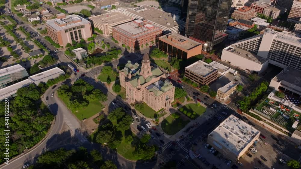 Aerial view of downtown Fort Worth, Texas with historic Tarrant County Court courthouse and cityscape under clear skies Aerial view of downtown Fort Worth, Texas with historic Tarrant County Court courthouse and cityscape under clear skies