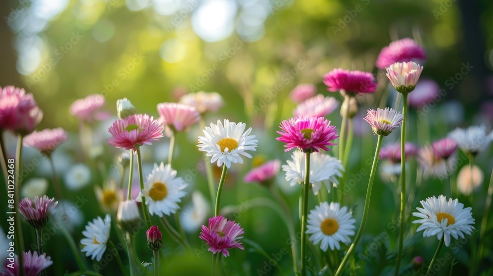 Capturing the pink and white blooming Bellis perennis in the park Capturing the pink and white blooming Bellis perennis in the park