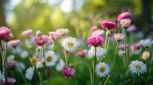 Capturing the pink and white blooming Bellis perennis in the park