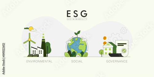 ESG as environmental, social and governance concept.Sustainable of Green ecology and alternative renewable energy. Flat Vector illustration.