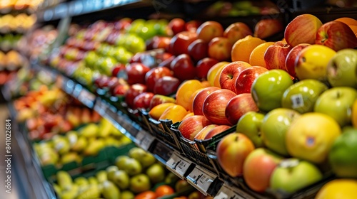 Fruits and vegetables displayed on a shop stand in a supermarket grocery store. © Unic