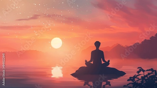 A person sits in meditation on a rock in the middle of a calm lake  with a vibrant sunset in the background.