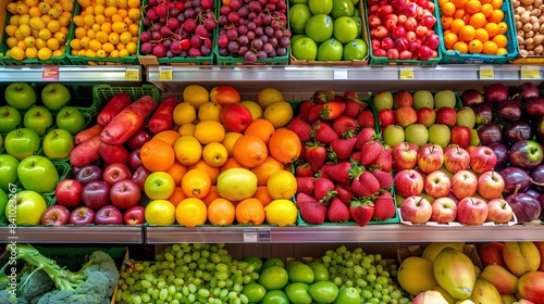 Fruits and vegetables displayed on a shop stand in a supermarket grocery store.