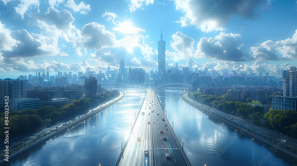 Fototapeta premium View of modern city background with building and highway