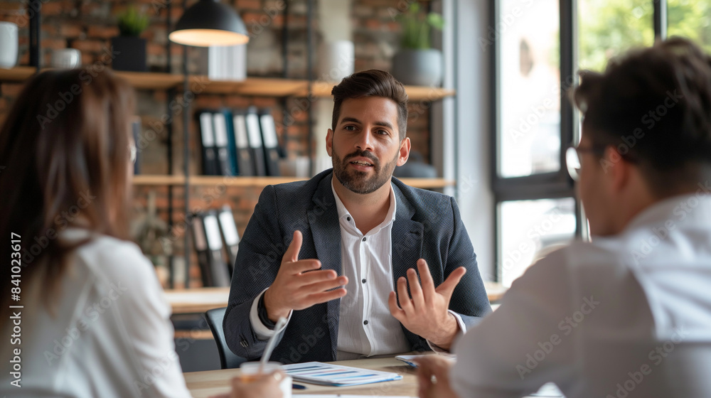 a businessman or a CEO explaining a project to his employees, business people meeting, corporate office life a businessman or a CEO explaining a project to his employees, business people meeting, corporate office life