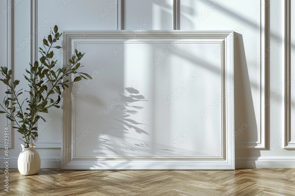 Poster frame mockup on wooden floor created with Generative AI Poster frame mockup on wooden floor created with Generative AI