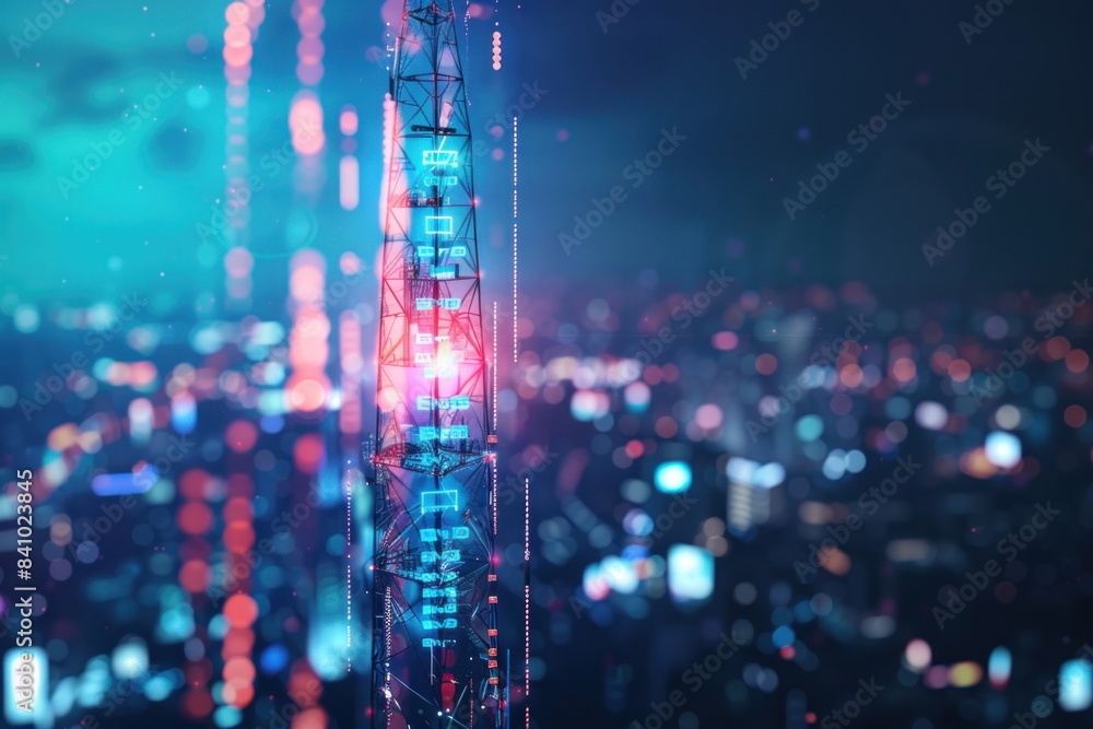 Fototapeta premium Signal antenna with line data hologram, broadcast pole and telephone transceiver