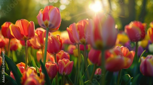 Blooming tulips in a Dutch spring field viewed up close