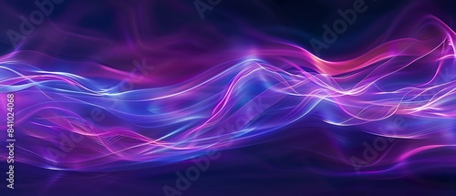 A smooth, abstract composition with flowing purple and blue light trails, creating a serene and ethereal atmosphere against a dark background