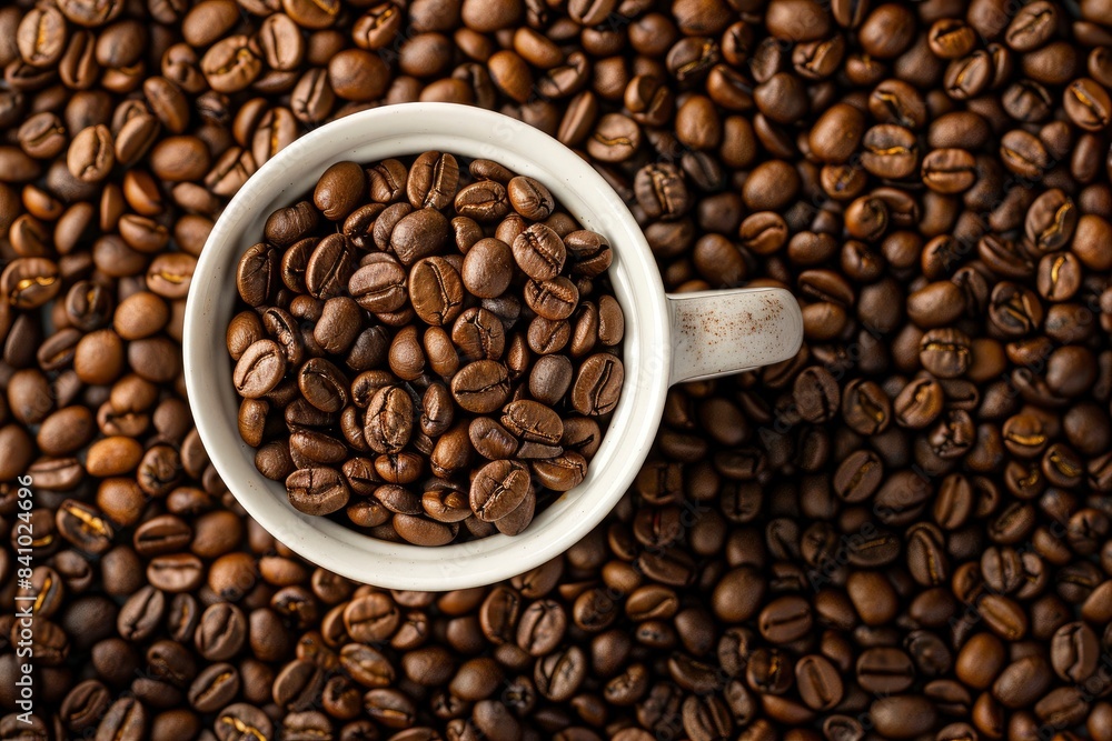 Coffee beans in cup, on coffee beans background - generative ai Coffee beans in cup, on coffee beans background - generative ai