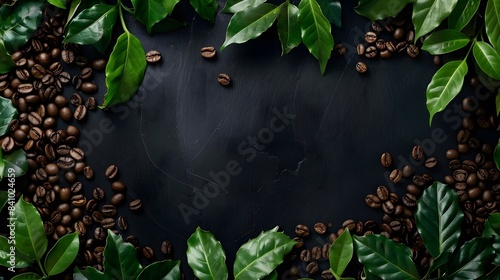 a cup of coffee with coffee bean and leave with copy space 