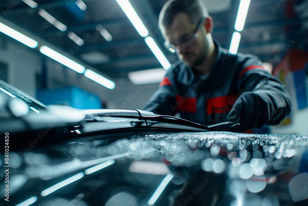 Close up of wiper blades being installed by technician in the background