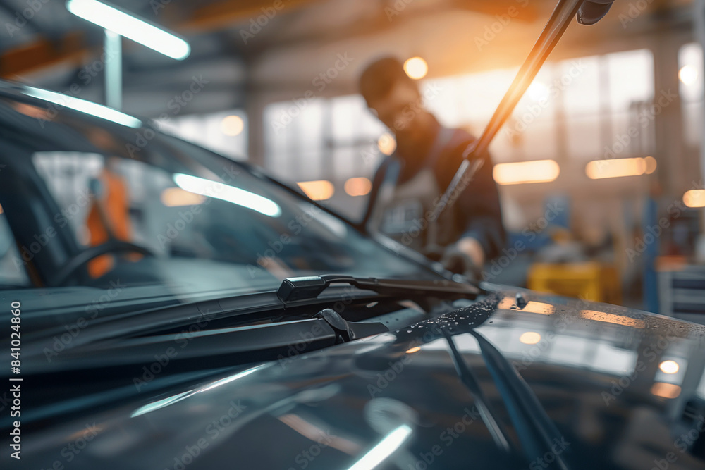 Close up of wiper blades being installed by technician in the background