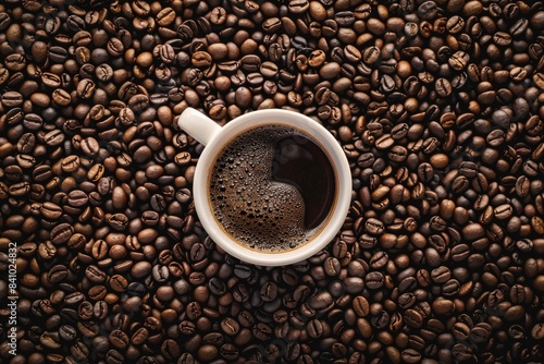 Coffee beans in cup, on coffee beans background - generative ai