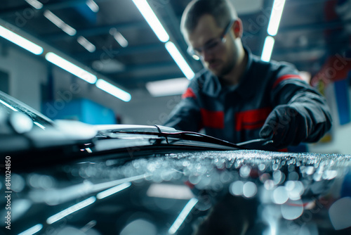Obraz na płótnie Close up of wiper blades being installed by technician in the background w salonie