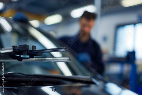 Close up of wiper blades being installed by technician in the background