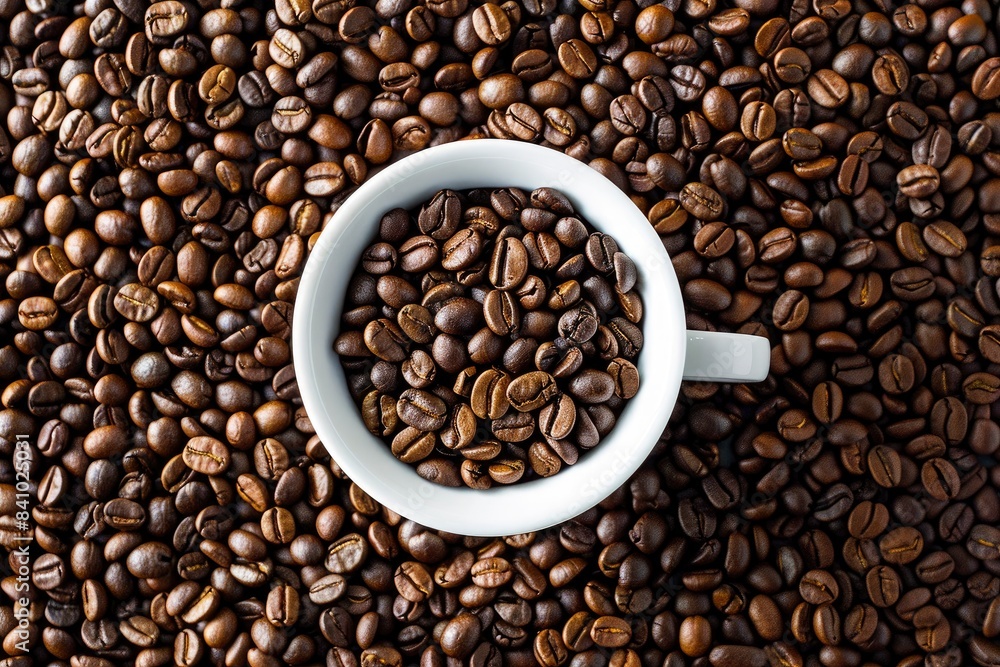 Coffee beans in cup, on coffee beans background - generative ai Coffee beans in cup, on coffee beans background - generative ai